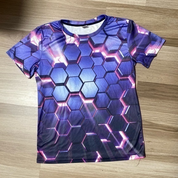 3D Effect Hexagon blocks Print Stretchy T-shirt M - Picture 1 of 5
